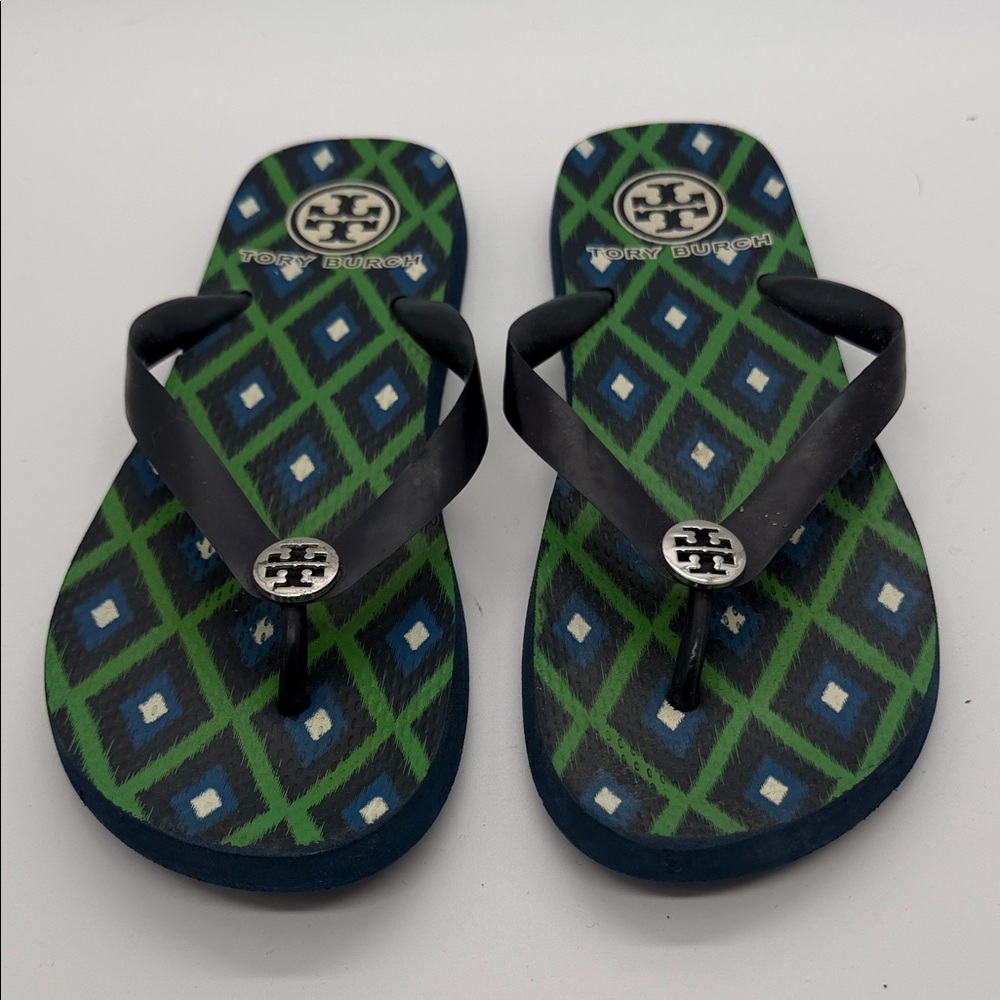 Tory‎ Burch Dark Blue and Green Patterned Flip Flops